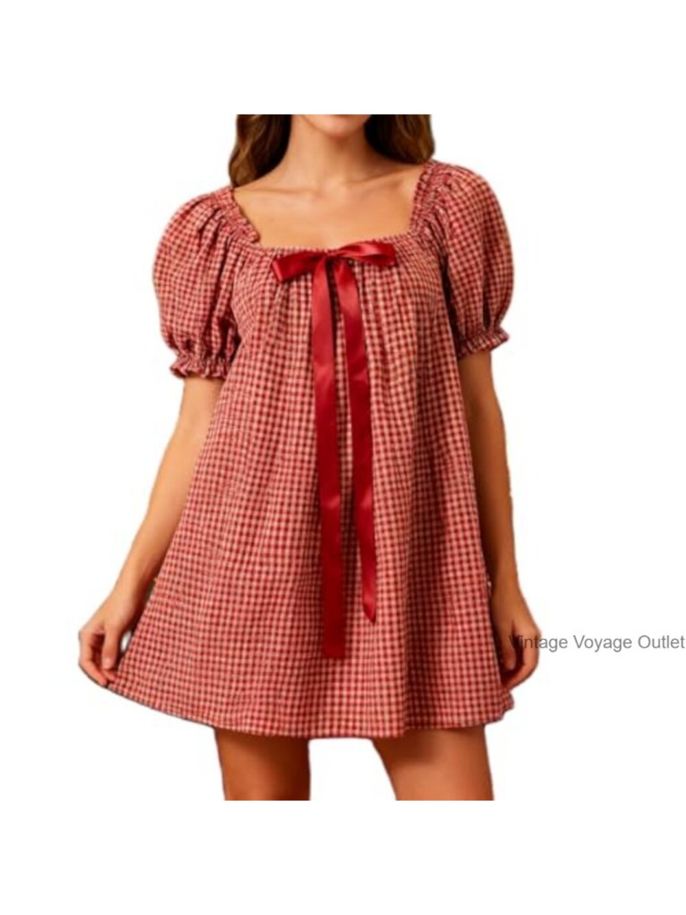 Gingham Babydoll Mini Dress Square Neck Puff Sleeve Bow Front